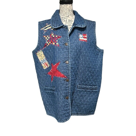 VINTAGE Haik's Large Women's Quilted Vest Hearts Buttons Chambray Americana XL - Picture 1 of 8